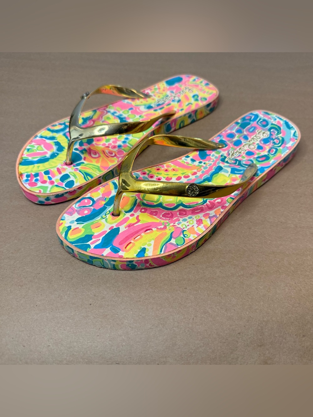 Lilly Pulitzer Neon Multicolor Print Flip Flops with Gold Straps
